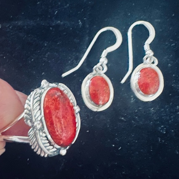 Plum Coral Solitaire Ring & matching Earrings in Sterling Silver (2 pc set) NWT - Picture 2 of 11